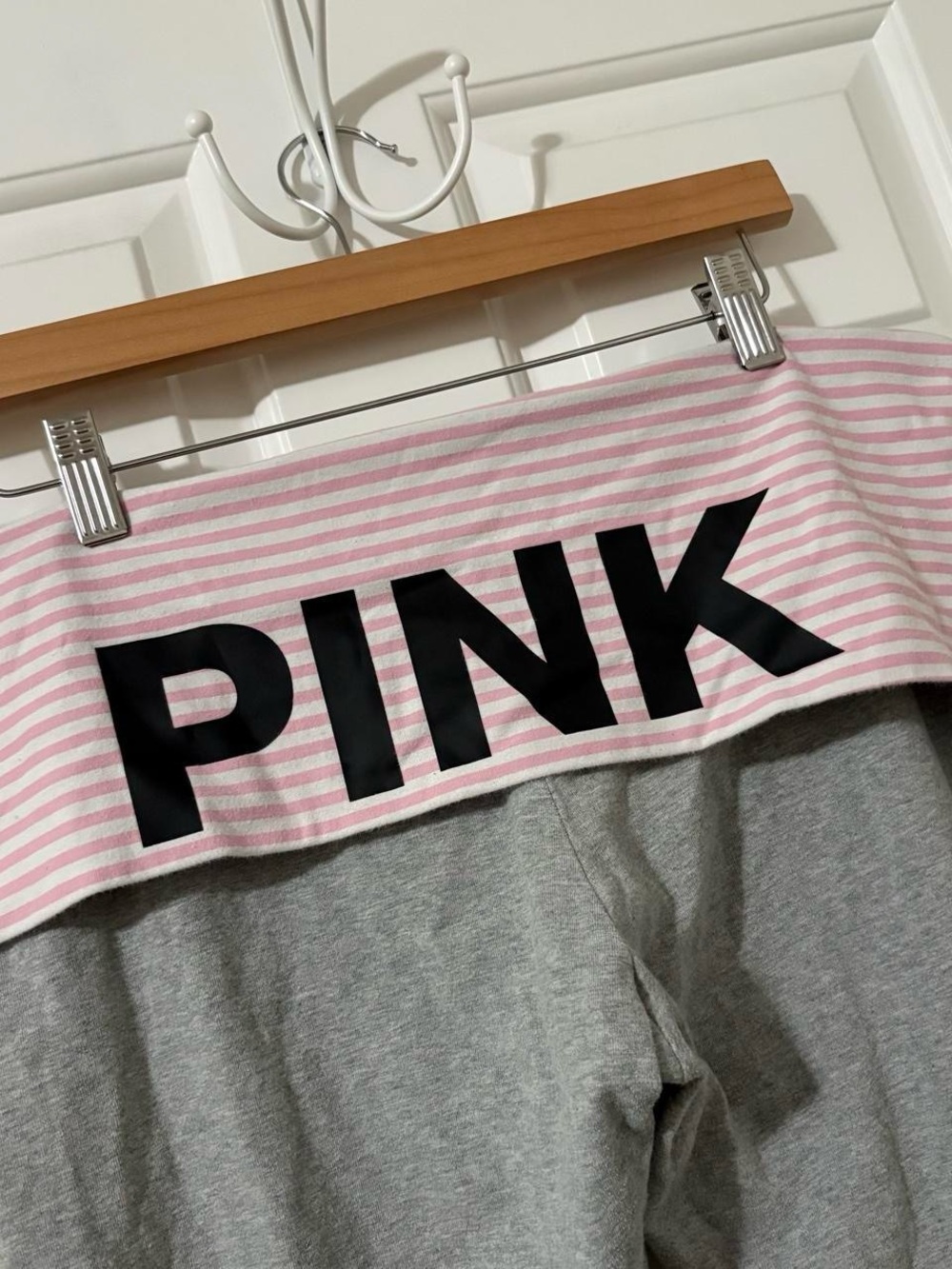 PINK Victoria's Secret originals grey pink and white stripe fold over yoga pants - Picture 2 of 6